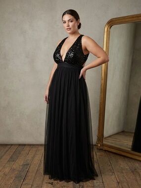 Rubber Ducky Productions, Inc. Black Sequin Deep V Maxi Dress